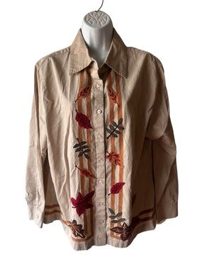 Bechamel Tan Fall Leaf Embroidered Button Down Shirt 1X Cotton Long Sleeve